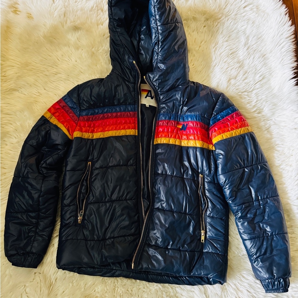 Aviator Nation Navy Puffer Jacket with Rainbow Stripes